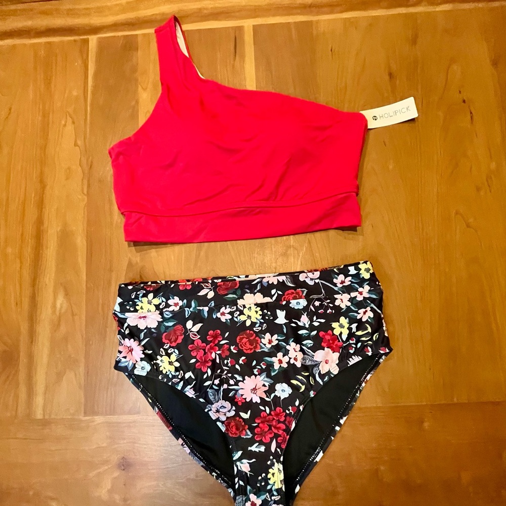 Two-Piece One-Shoulder High-Waist Bikini Set Vibrant RedTop & Floral Bottoms L
